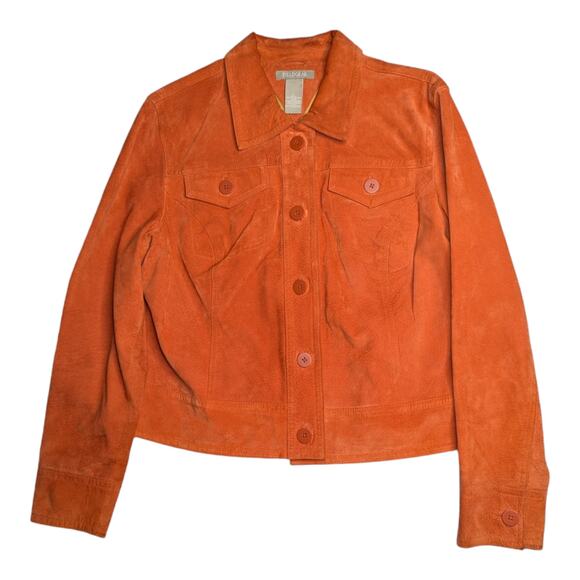 Vintage Jackets & Blazers - Vtg Y2K Fieldgear Orange Genuine Suede Button Up Collared Trucker Jacket L